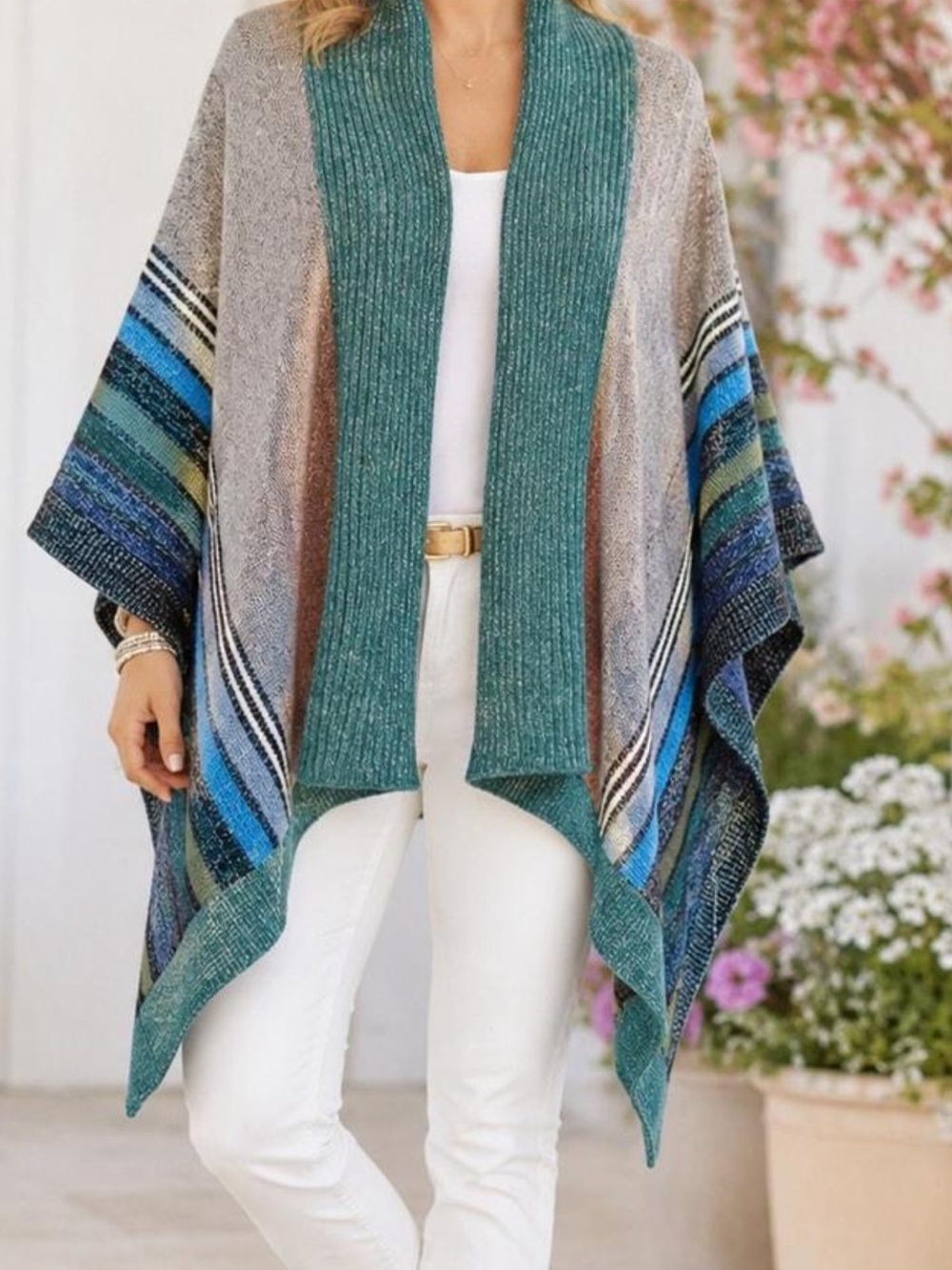 Cabi Women Striped Knit Open Poncho Cape Shawl XS S Green Blue Gray